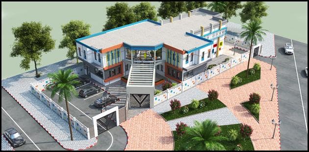 Aerial architectural rendering of Maison des Jeunes and its landscaped corner site