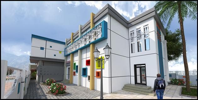 Architectural detail rendering of the side facade and shaded walkway