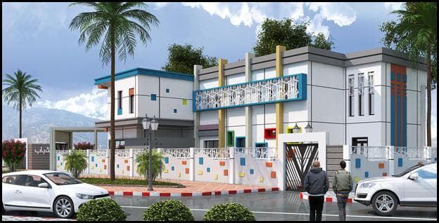 Street-level architectural rendering of the youth center facade
